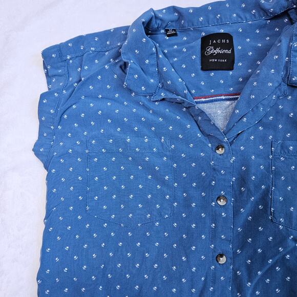 Jachs Girlfriend Floral Blue Button Up Chambray Top Size Medium Short Sleeve - Picture 6 of 8